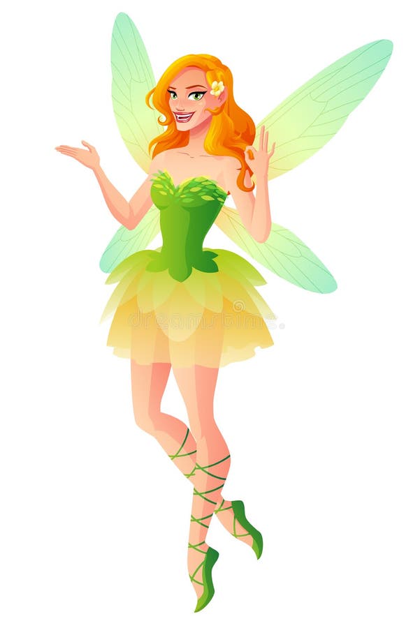 Vector Presenting Fairy with Wings in Green Dress Shows OK. Stock ...