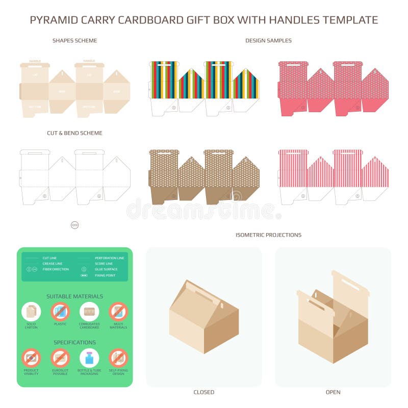 Vector pyramid style carry cardboard gift box with handles templates set