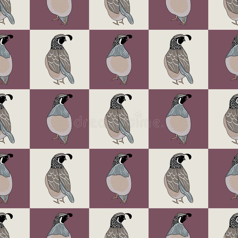 Vector Quail Birds in Brown, Black, White, Gray on Purple Beige Squares Background Seamless Repeat Pattern. Background