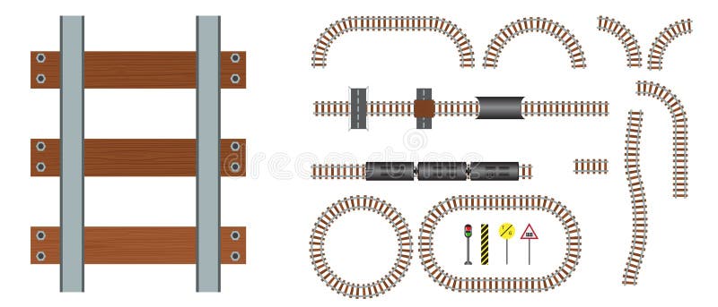 Vector railroad and railway tracks construction elements. Wavy trackway structure for traffic train illustration