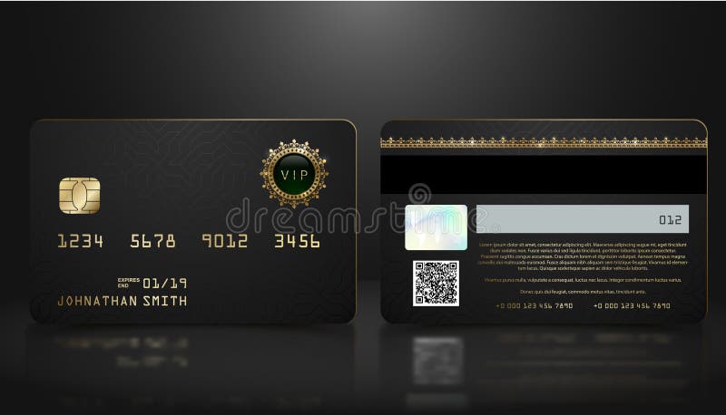 Vector realistic black credit card with abstract geometric background. Golden element credit card dark design template royalty free illustration