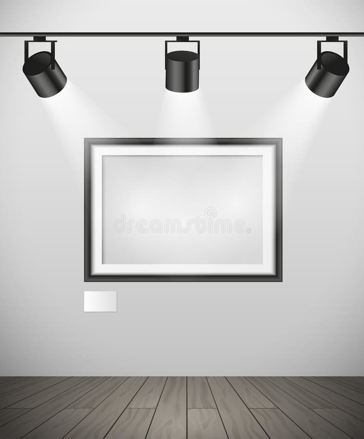 Vector realistic black empty picture frame hanging in gallery with spot lights on construction - mock-up