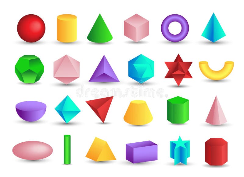 Realistic 3D color basic shapes. Solid colored geometric forms