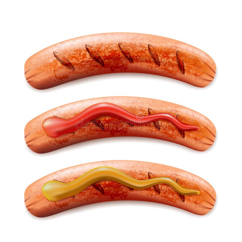 Vector realistic 3d illustration of grilled sausage with ketchup and mustard, isolated on white background. royalty free illustration