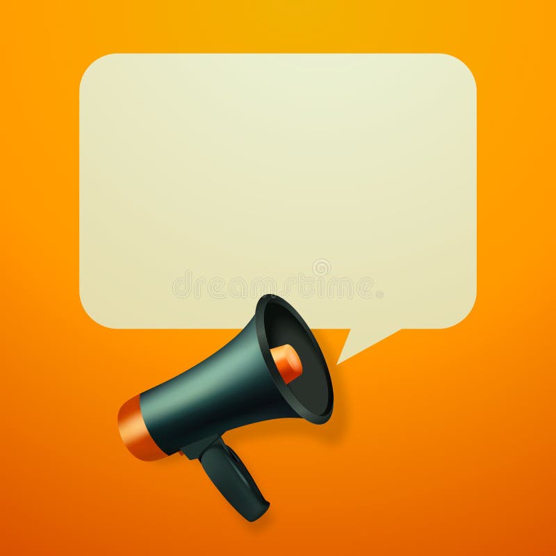 Vector Realistic 3d Simple Black Megaphone with Speech Buble on Orange