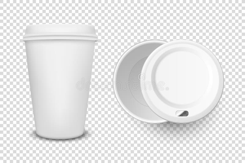 Vector 3d Realistic Disposable Opened and Closed Paper, Plastic Coffee, Tea Cup for Drinks with White Plastic Lid Icon