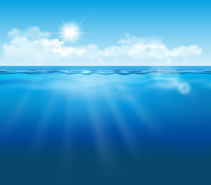 Vector realistic empty underwater view with blue sky, clouds and sun and light effects stock illustration Vector realistic empty underwater view with blue sky, clouds and sun and light effects stock illustration