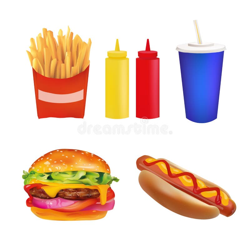 Vector Realistic fast Food Set. Burger, Beverage, Coffee, French Fries, Hot Dog, Ketchup, Mustard. Isolated On White background royalty free illustration