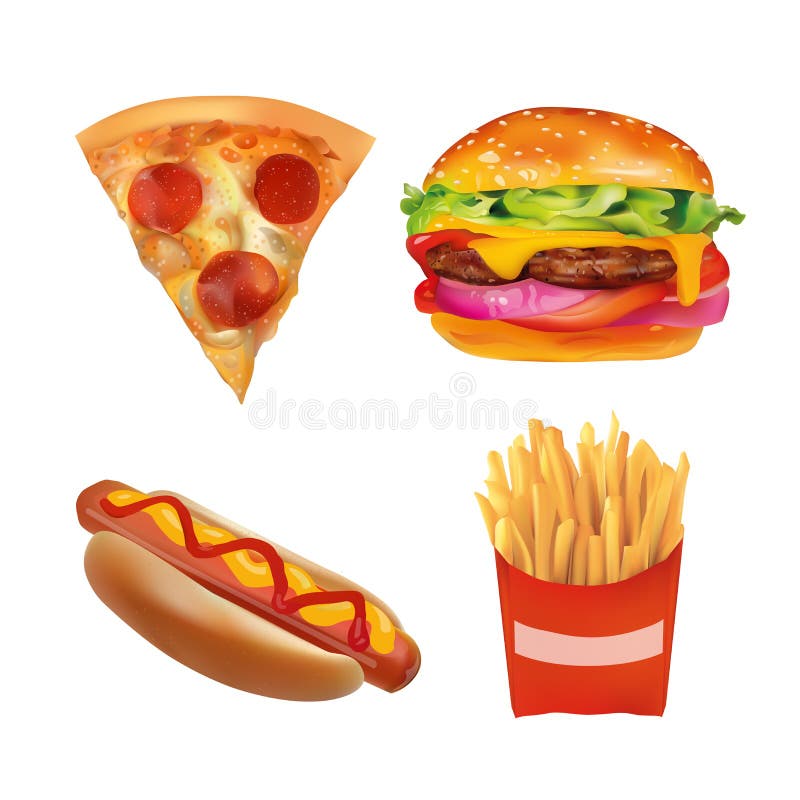 Vector Realistic fast Food Set. Burger, Pizza, Beverage, Coffee, French Fries, Hot Dog, Ketchup, Mustard. Isolated On White stock illustration