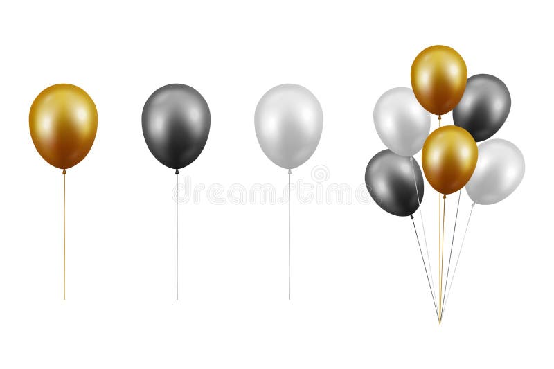 Vector Realistic Glossy Metallic Gold, Black, White Balloon Set Closeup Isolated on White Background. Bunch, Group stock illustration