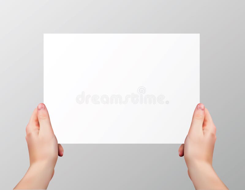 Vector realistic hands holding blank horizontal paper page isolated on grey background vector illustration Vector realistic hands holding blank horizontal paper page isolated on grey background vector illustration