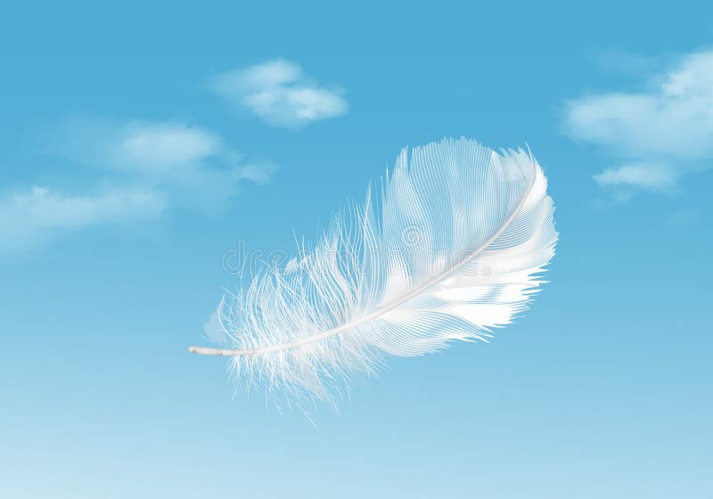 Vector illustration of floating white feather on blue sky background stock illustration