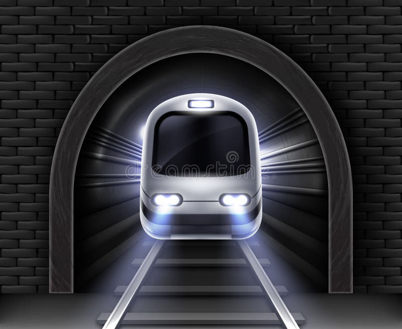 realistic modern subway train in tunnel.