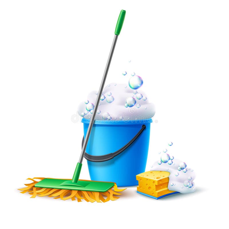 Bucket And Mop On White Background Vector Illustration Royalty