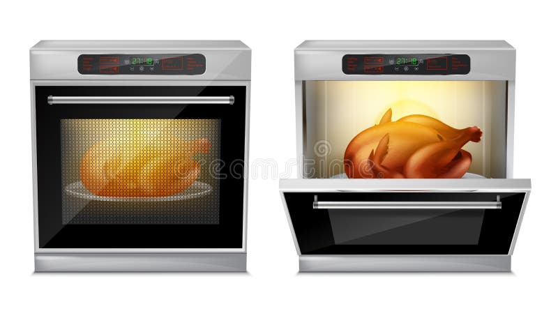 Vector realistic oven with turkey on plate inside royalty free illustration