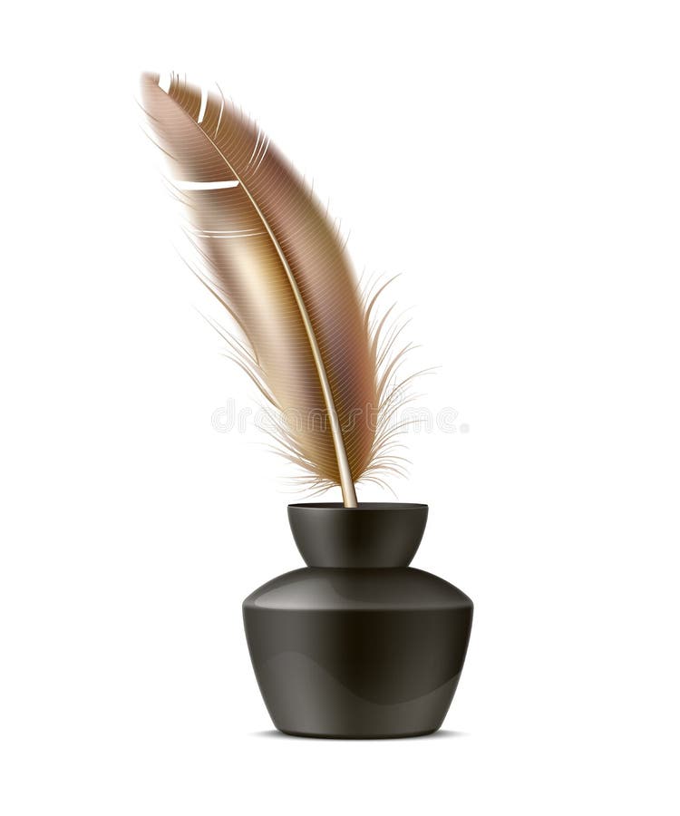 Vector realistic quill pen in inkpot, feather pen