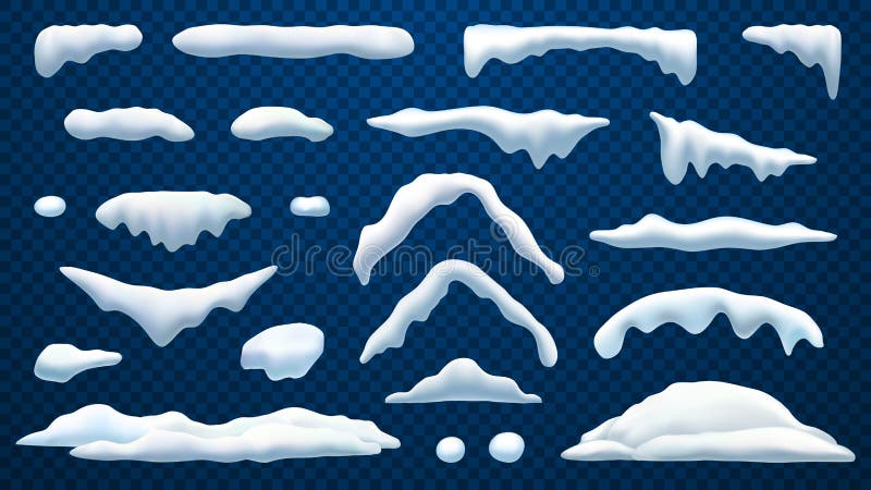 Vector realistic snow caps, roof ice and snowballs