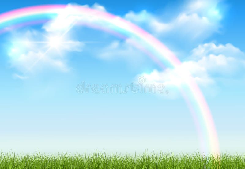 Vector realistic sunny landscape with green lawn, blue sky with clouds and rainbow vector illustration Vector realistic sunny landscape with green lawn, blue sky with clouds and rainbow vector illustration