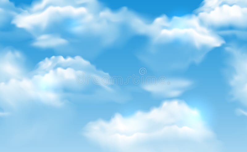 Vector realistic vibrant blue sky with fluffy white clouds seamless banner royalty free illustration