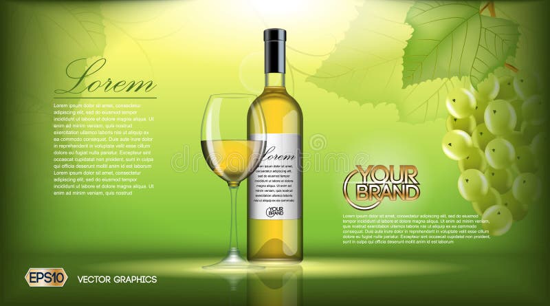Vector Realistic Wine Bottle Mock up. White vine grapes. Green natural background with place for your branding. 3d