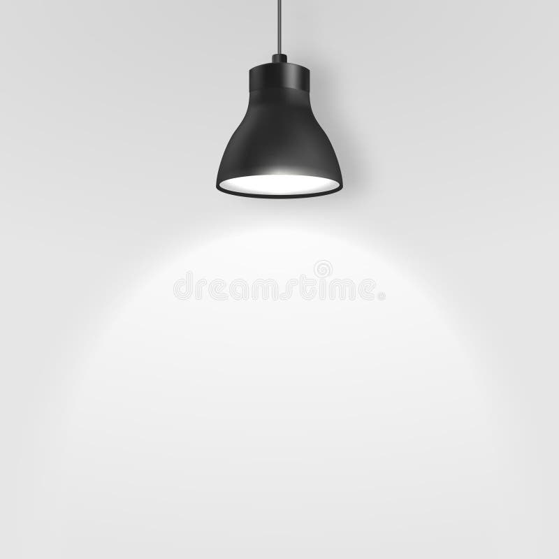 Vector realistischen Scheinwerfer, Hang Ceiling Lamp oder Leuchter des Schwarz-3d auf dem Seil, welches an die Wand unter ihr Nah lizenzfreie abbildung