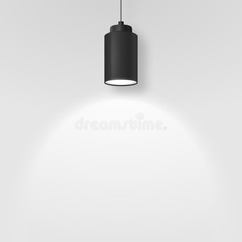 Vector realistischen Scheinwerfer, Hang Ceiling Lamp oder Leuchter des Schwarz-3d auf dem Seil, welches an die Wand unter ihr Nah lizenzfreie abbildung