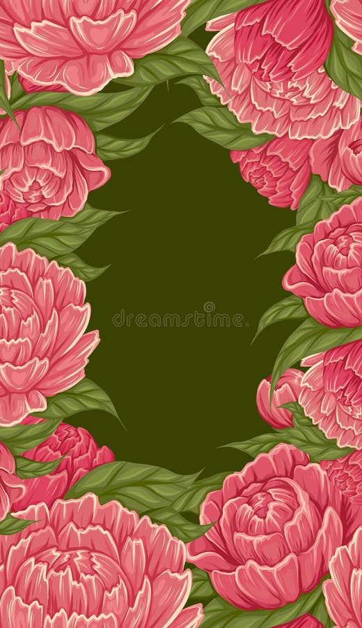 Vector rectangle frame with bush of cartoon peony flowers with foliage and copy space on green background. Natural border royalty free illustration
