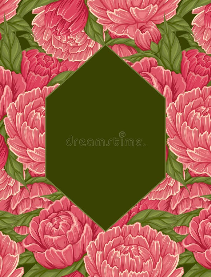 Vector rectangle frame with cartoon peony flowers with foliage and copy space on green background. Natural rhombus border royalty free illustration