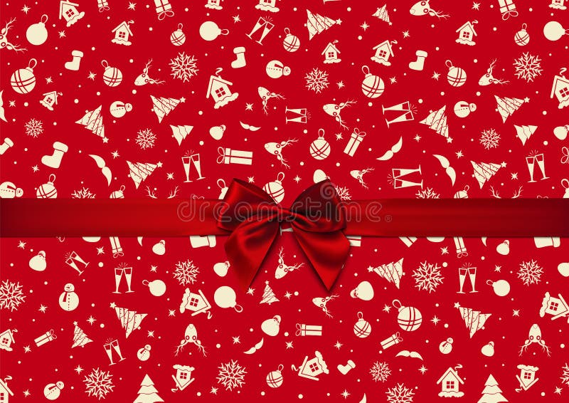 Vector - Red Bow over red Christmas wrapping paper. Christmas card. Happy New Year card