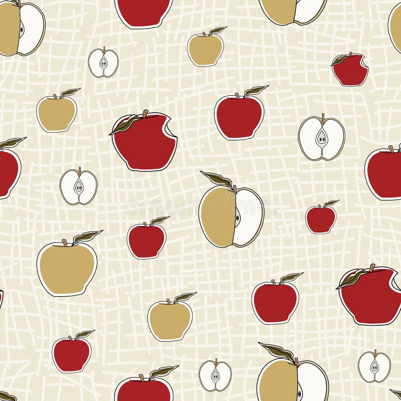 Vector Red Green Apples on Brown Beige Seamless Repeat Pattern