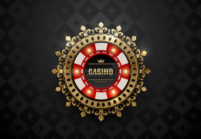 Vector red white casino poker chip with luminous light elements and golden crown wreath frame. Black silk geometric card suits