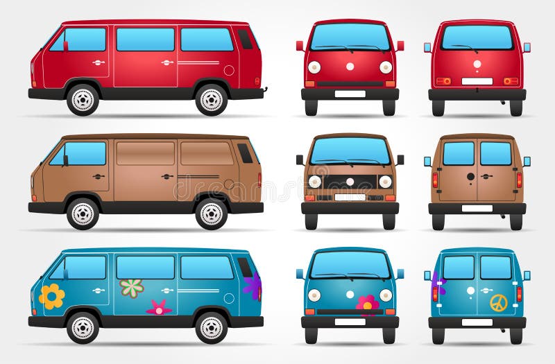 Vector Retro Bestelwagen - Kant - Voorzijde - Achtermening vector illustratie Vector Retro Bestelwagen - Kant - Voorzijde - Achtermening vector illustratie