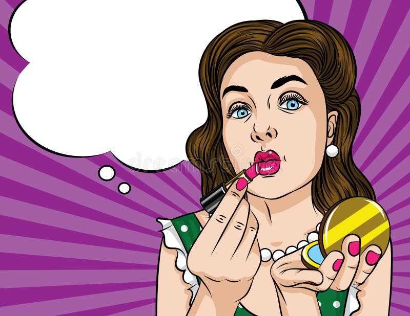 Vector retro illustration pop art comic style of a pretty woman doing makeup. stock illustration Vector retro illustration pop art comic style of a pretty woman doing makeup. stock illustration