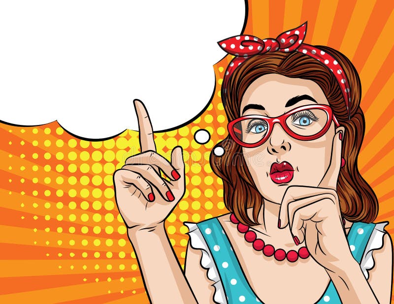 Vector retro illustration pop art comic style of a pretty woman in eyeglasses pointing finger up.