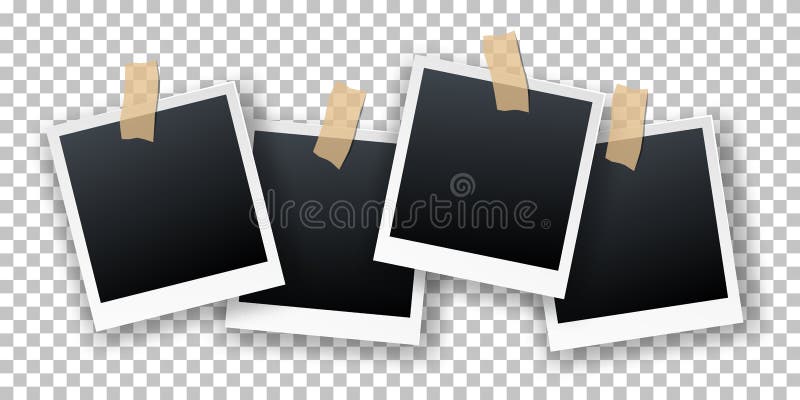 Vector retro realistische onmiddellijke fotokaarten die op kleverige band hangen die op transparante achtergrond wordt ge?soleerd