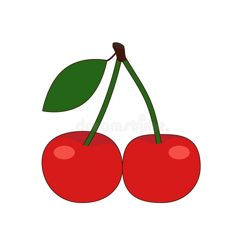 Vector ripe two cherries with a leaf. Image with a contour along the perimeter stock illustration