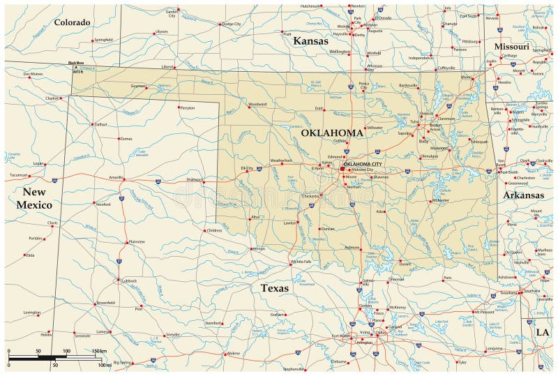 Vector road map of the US state of Oklahoma royalty free illustration