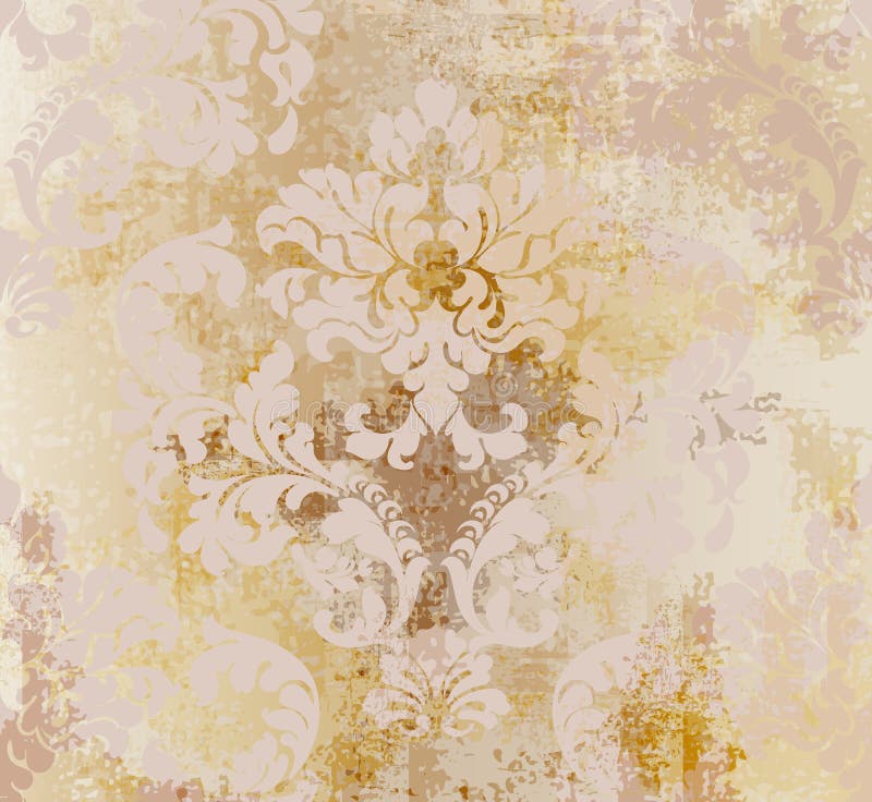 Vector rococo pattern texture. Damask ornament grunge background. Vintage royal fabric rust effect. Victorian exquisite