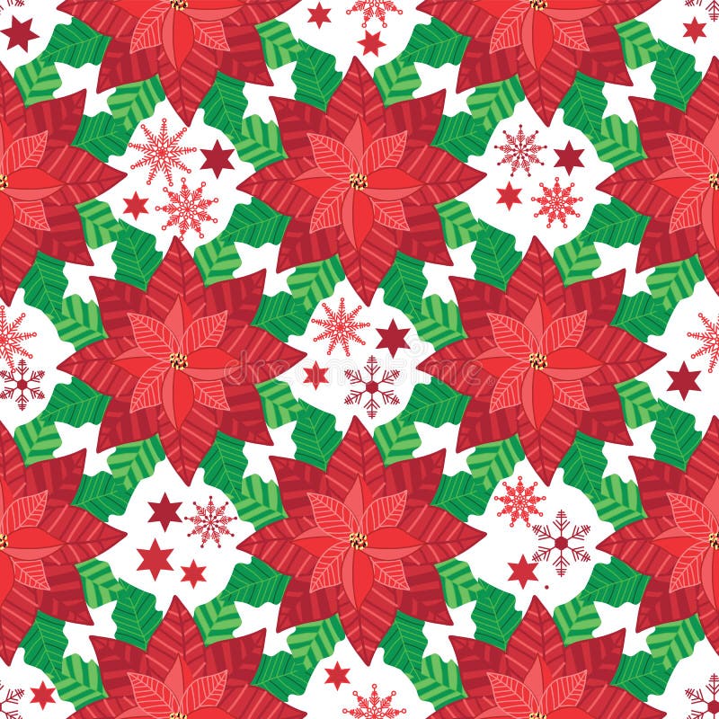 Vector Rode Poinsettia met sneeuwvlokken en sterren naadloze patroonachtergrond stock illustratie Vector Rode Poinsettia met sneeuwvlokken en sterren naadloze patroonachtergrond stock illustratie