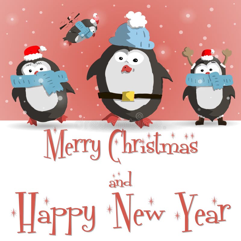 Vector rojo de la tarjeta de felicitación de los pingüinos del Año Nuevo ilustración del vector Vector rojo de la tarjeta de felicitación de los pingüinos del Año Nuevo ilustración del vector