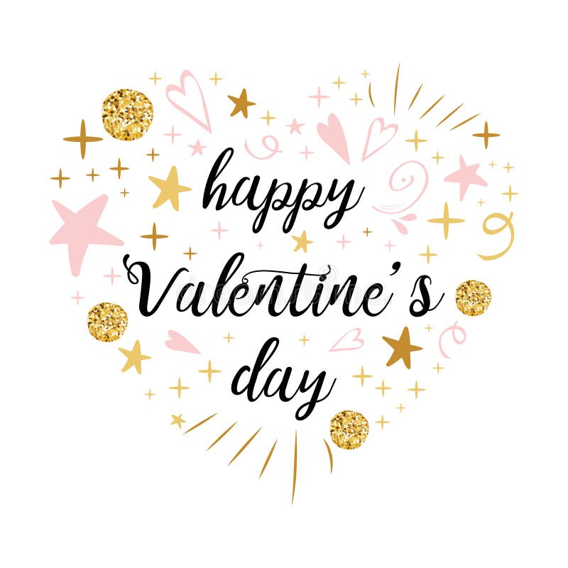Vector romantic Happy Valentines Day calligraphy banner heart shape pink gold glitter colors royalty free illustration Vector romantic Happy Valentines Day calligraphy banner heart shape pink gold glitter colors royalty free illustration