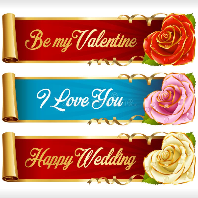 Vector Rose Hearts and Swirl Ribbons horizontal Banners set