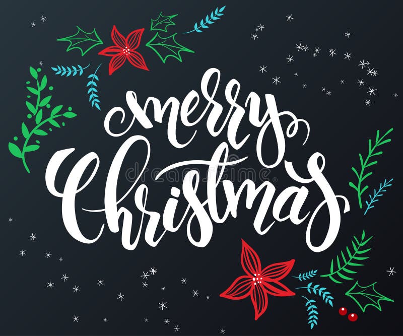 Vector a rotulação tirada mão - Feliz Natal - com elementos decorativos da garatuja - flor da poinsétia, ramo e ilustração royalty free Vector a rotulação tirada mão - Feliz Natal - com elementos decorativos da garatuja - flor da poinsétia, ramo e ilustração royalty free