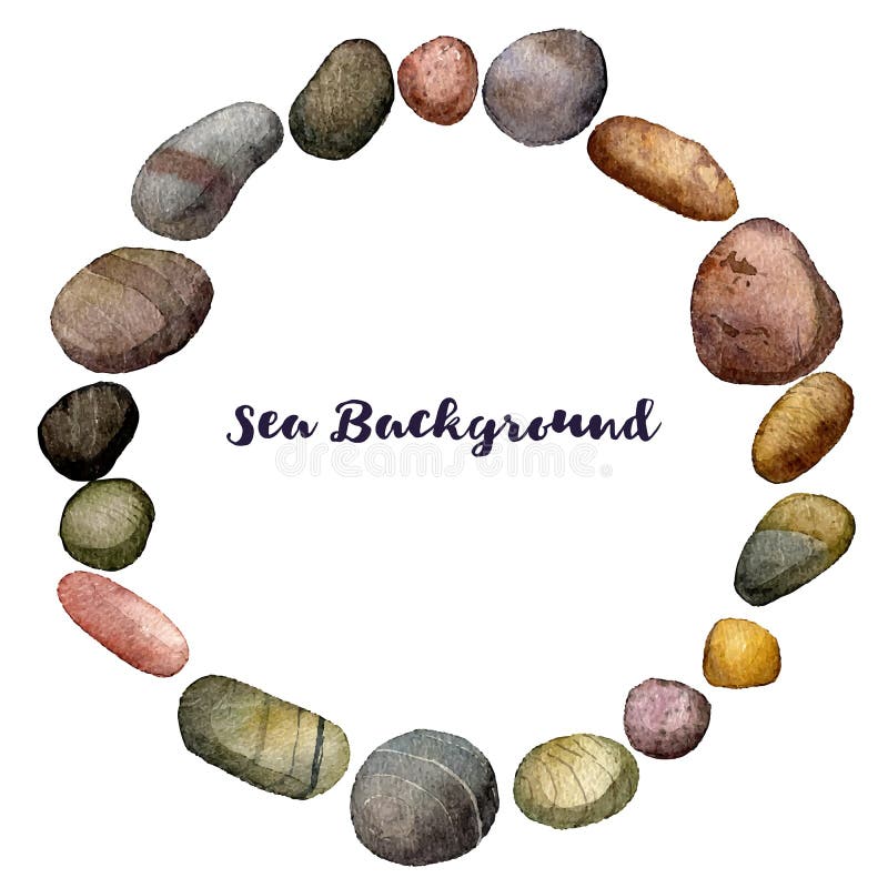 Vector round frame with sea stones drawing in watercolor royalty free illustration Vector round frame with sea stones drawing in watercolor royalty free illustration