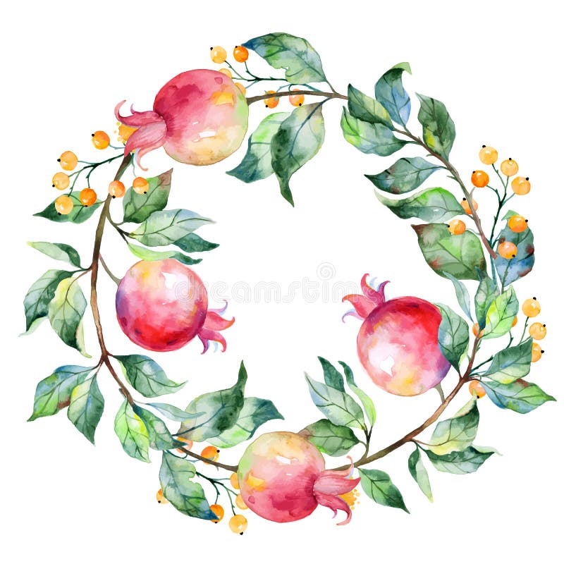 Vector round frame of watercolor pomegranate and berries. royalty free illustration Vector round frame of watercolor pomegranate and berries. royalty free illustration