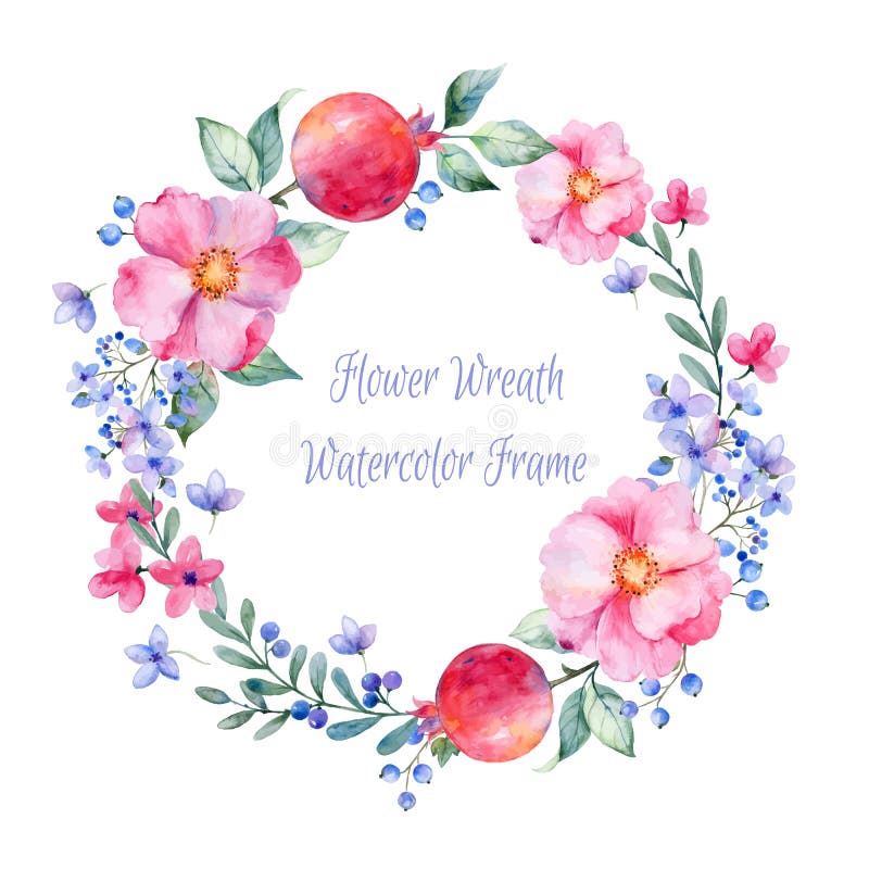 Vector round frame of watercolor roses. pomegranate and berries. stock illustration Vector round frame of watercolor roses. pomegranate and berries. stock illustration