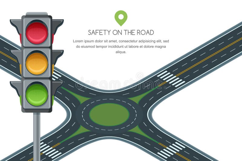 Vector roundabout road junction and traffic light isolated on white background. Safety street traffic and transport.