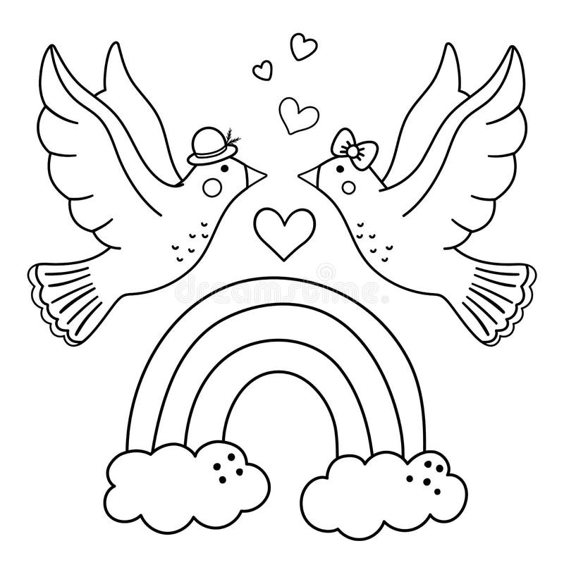 Vector Saint Valentine day black and white background with cute doves and rainbow. Funny scene with two enamored birds. Funny