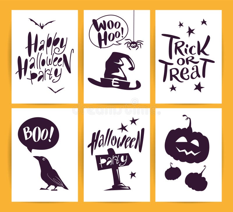 Vector Sammlung Karikatur Halloween-Feier Karten und flayers mit Beschriftung und netten lustigen Tieren stock abbildung Vector Sammlung Karikatur Halloween-Feier Karten und flayers mit Beschriftung und netten lustigen Tieren stock abbildung