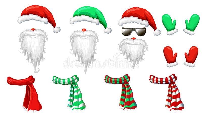 Vector Santas, skägg och mustasch masksamling isolerade på vitt Xmas, jultomtens roliga kostym i stock illustrationer